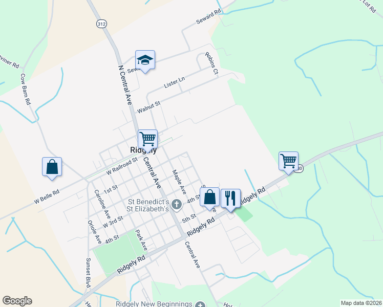 map of restaurants, bars, coffee shops, grocery stores, and more near 102 Sunrise Avenue in Ridgely