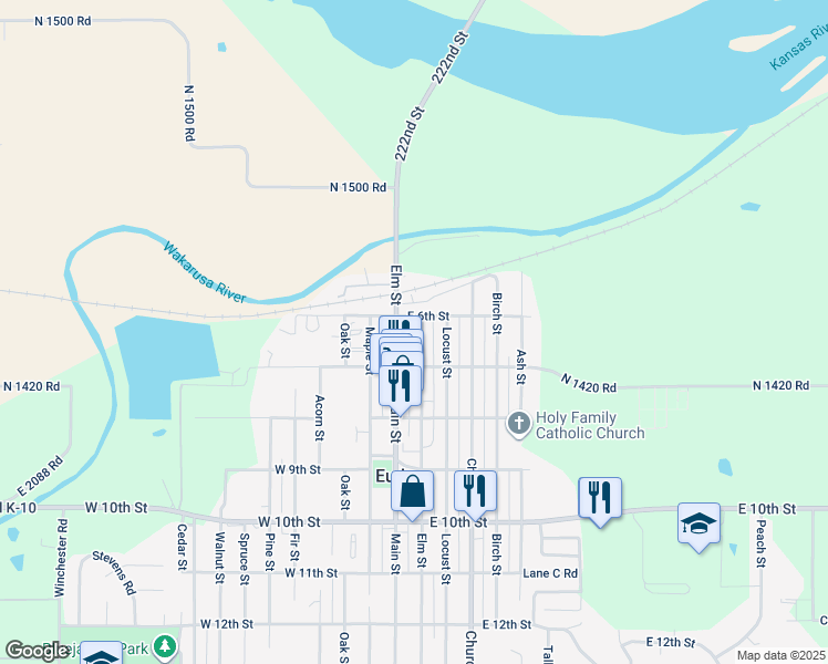 map of restaurants, bars, coffee shops, grocery stores, and more near 615 Elm Street in Eudora