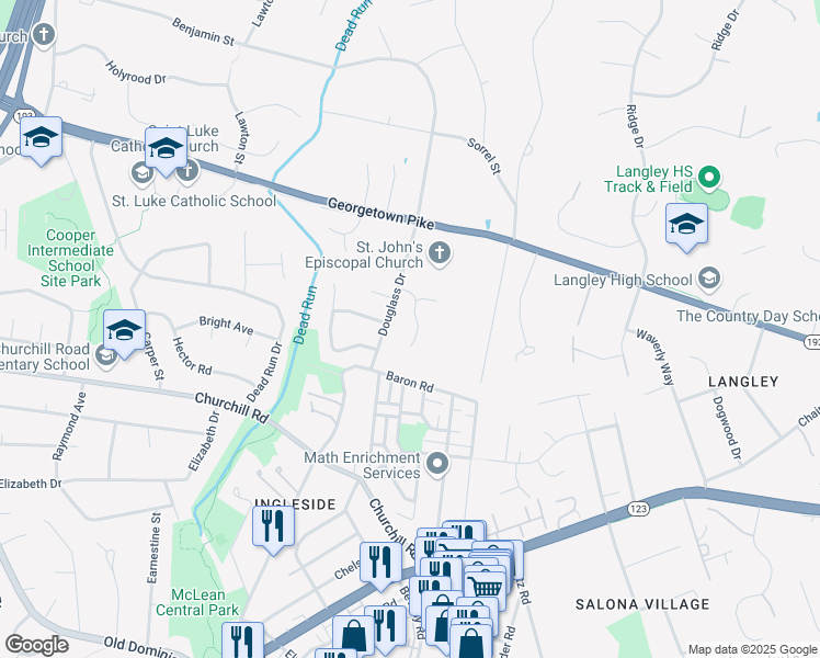 map of restaurants, bars, coffee shops, grocery stores, and more near 1024 Broad Branch Court in McLean