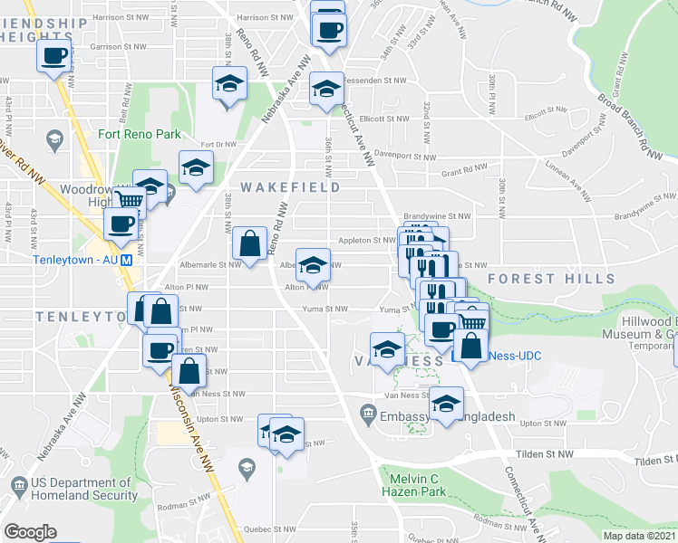 map of restaurants, bars, coffee shops, grocery stores, and more near 3558 Albemarle Street Northwest in Washington