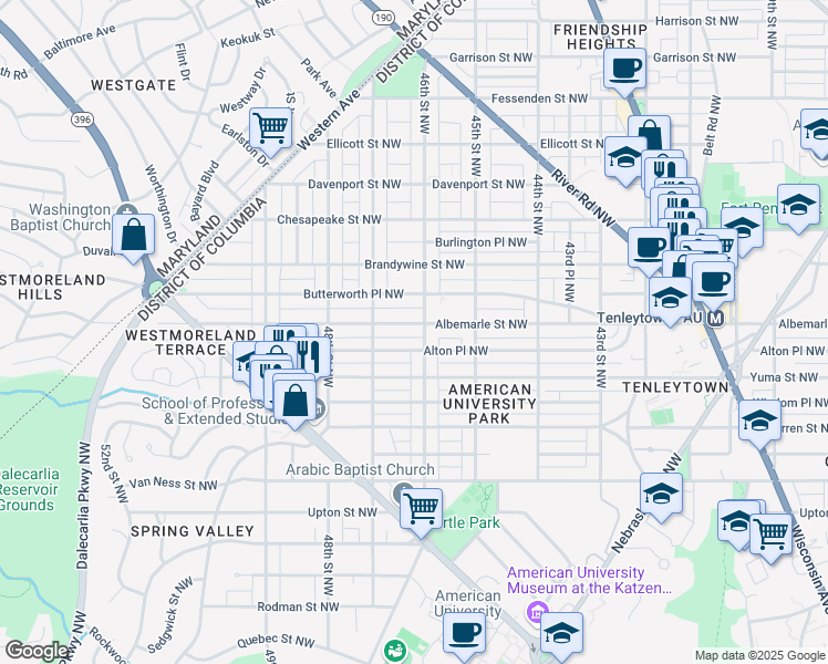 map of restaurants, bars, coffee shops, grocery stores, and more near 4604 Albemarle Street Northwest in Washington