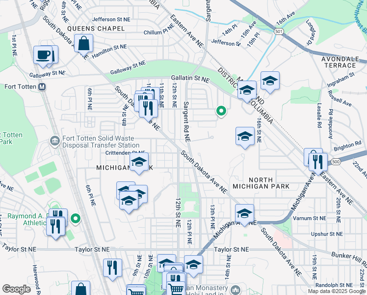 map of restaurants, bars, coffee shops, grocery stores, and more near 4805 South Dakota Avenue Northeast in Washington