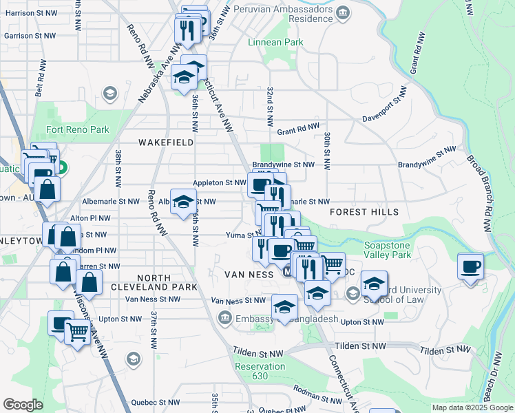 map of restaurants, bars, coffee shops, grocery stores, and more near 4444 Connecticut Avenue Northwest in Washington