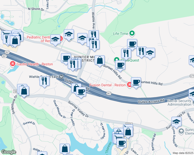 map of restaurants, bars, coffee shops, grocery stores, and more near 11307 Reston Station Boulevard in Reston