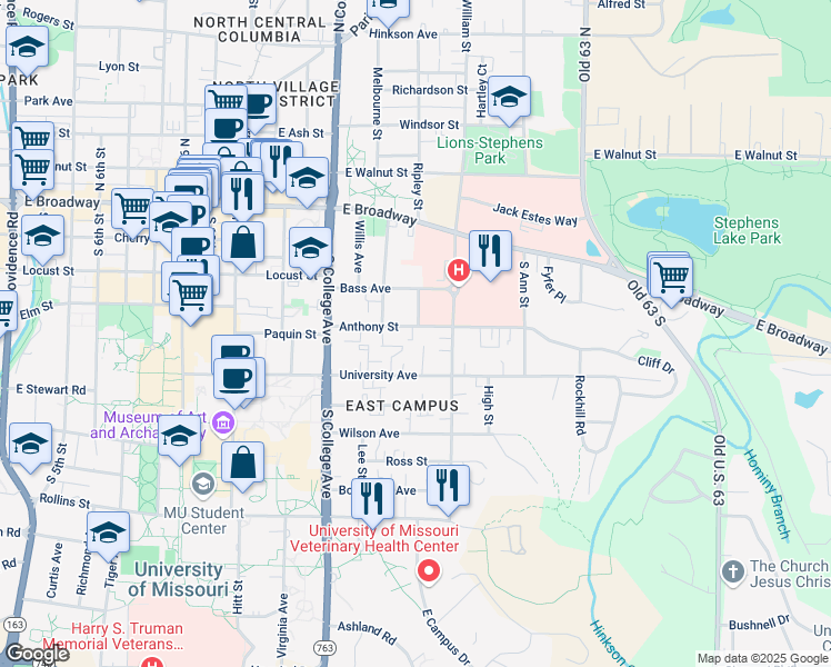 map of restaurants, bars, coffee shops, grocery stores, and more near 1414 Anthony Street in Columbia