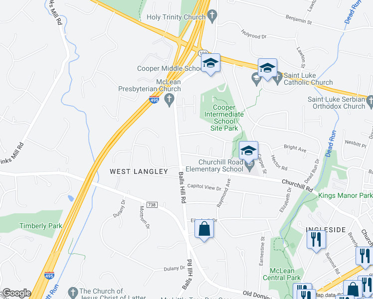 map of restaurants, bars, coffee shops, grocery stores, and more near 7210 Warbler Lane in McLean