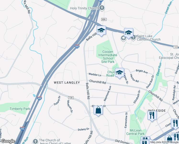 map of restaurants, bars, coffee shops, grocery stores, and more near 7210 Warbler Lane in McLean