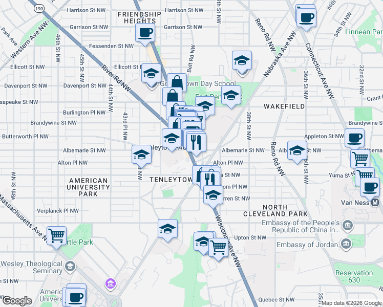 map of restaurants, bars, coffee shops, grocery stores, and more near in Washington