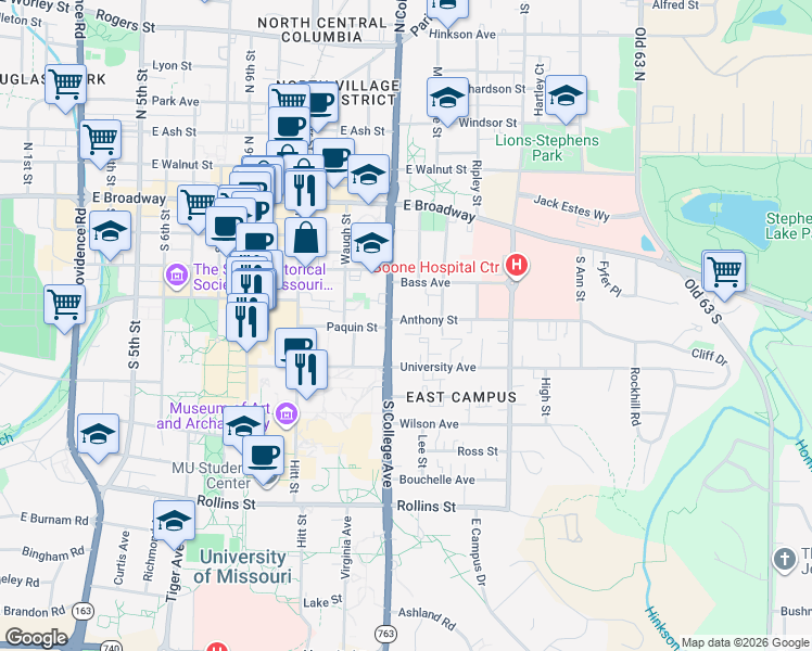 map of restaurants, bars, coffee shops, grocery stores, and more near 1306 Anthony Street in Columbia