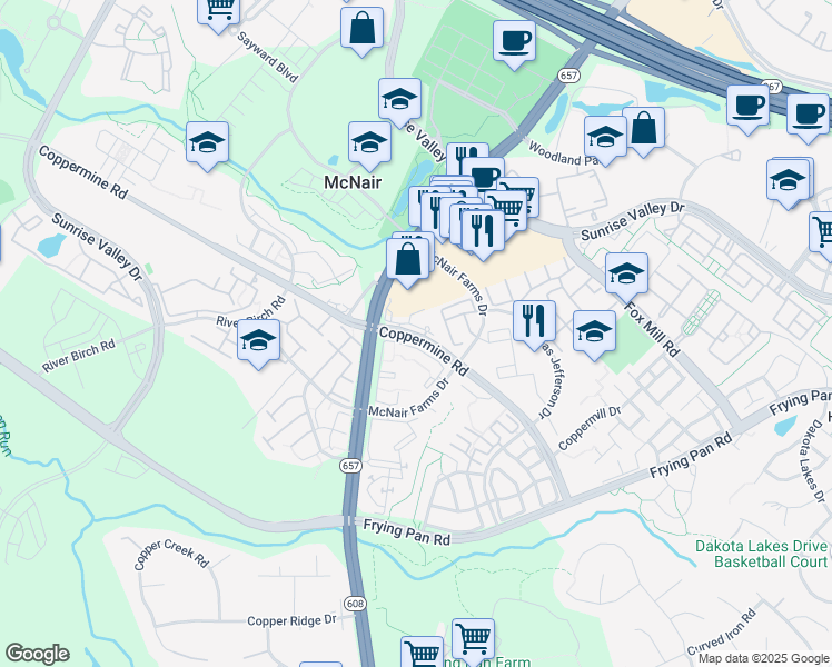 map of restaurants, bars, coffee shops, grocery stores, and more near 13490 Coppermine Road in Herndon