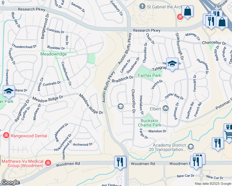 map of restaurants, bars, coffee shops, grocery stores, and more near 8010 Sangor Drive in Colorado Springs