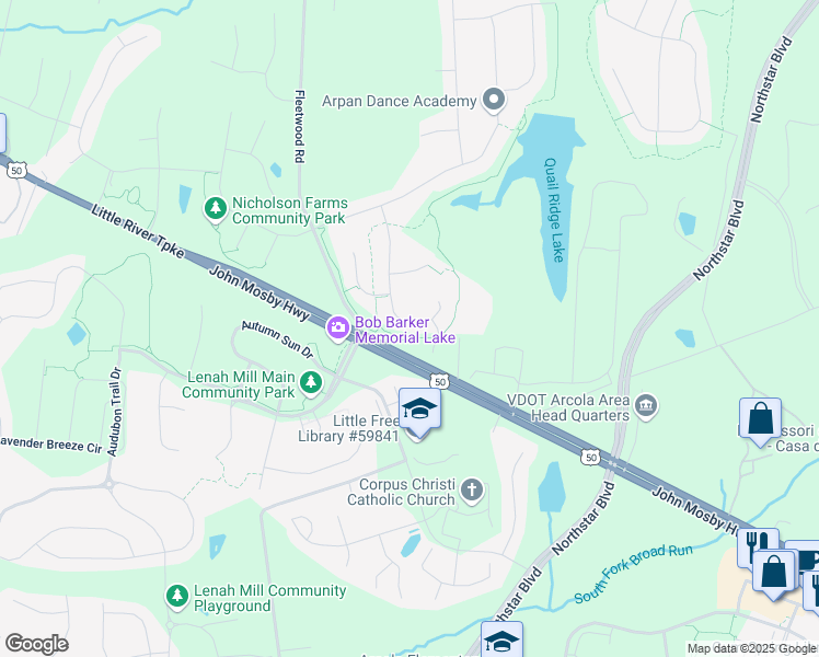 map of restaurants, bars, coffee shops, grocery stores, and more near 24165 Statesboro Place in Ashburn