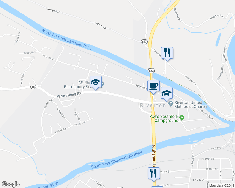 map of restaurants, bars, coffee shops, grocery stores, and more near 142 West Strasburg Road in Front Royal