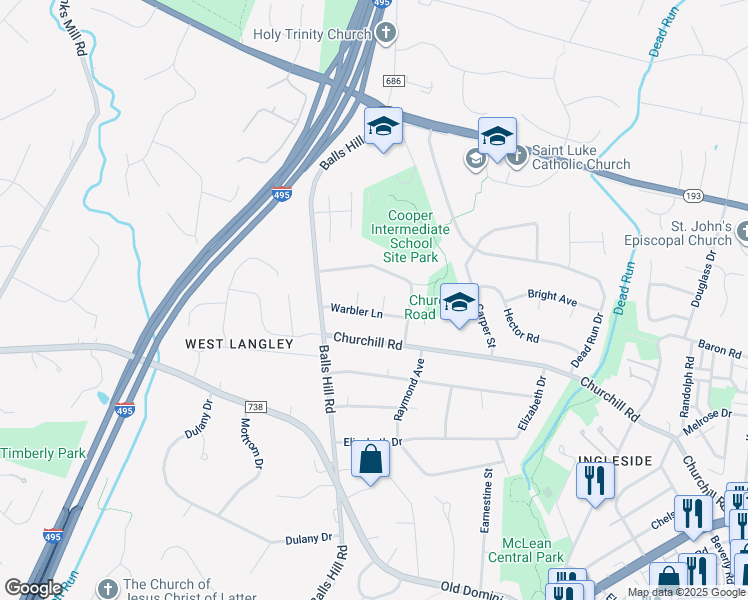 map of restaurants, bars, coffee shops, grocery stores, and more near 1046 Warbler Place in McLean