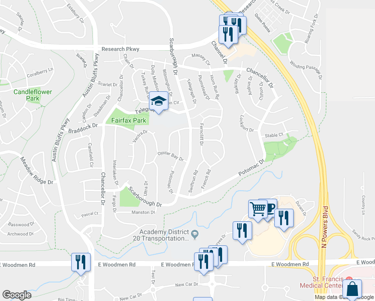 map of restaurants, bars, coffee shops, grocery stores, and more near 7990 Scarborough Drive in Colorado Springs