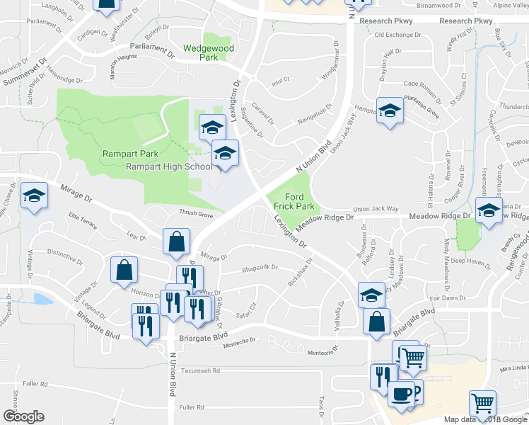 map of restaurants, bars, coffee shops, grocery stores, and more near 7945 Lexington Park Drive in Colorado Springs