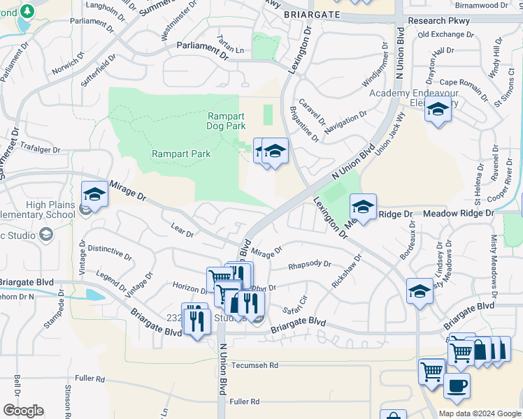 map of restaurants, bars, coffee shops, grocery stores, and more near 2784 Thrush Grove in Colorado Springs