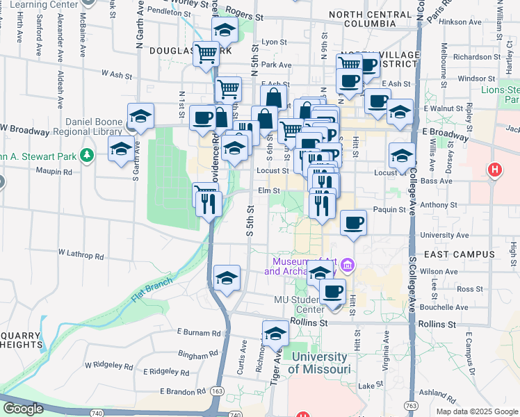 map of restaurants, bars, coffee shops, grocery stores, and more near 311 South 6th Street in Columbia