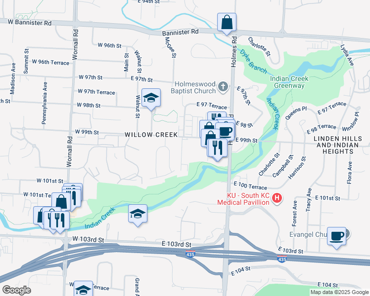 map of restaurants, bars, coffee shops, grocery stores, and more near 9916 Locust Street in Kansas City