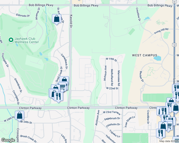 map of restaurants, bars, coffee shops, grocery stores, and more near 2071 Heatherwood Drive in Lawrence