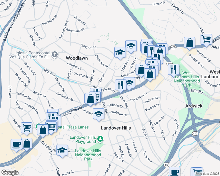 map of restaurants, bars, coffee shops, grocery stores, and more near 7102 Greenvale Parkway in Hyattsville