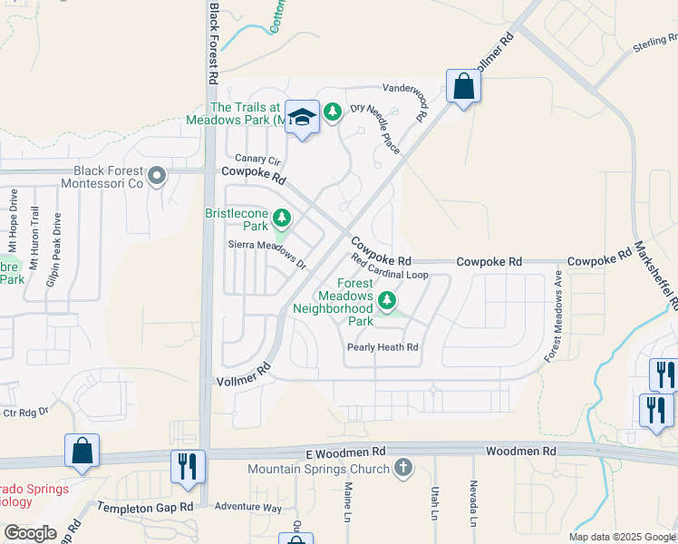 map of restaurants, bars, coffee shops, grocery stores, and more near 7195 Red Cardinal Loop in Colorado Springs