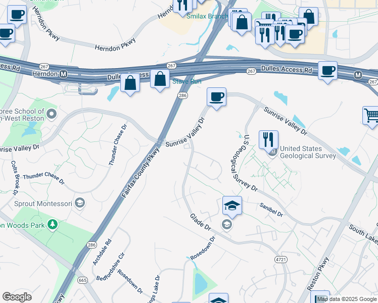 map of restaurants, bars, coffee shops, grocery stores, and more near 2132 Westglade Court in Reston