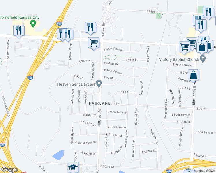 map of restaurants, bars, coffee shops, grocery stores, and more near 5809 East 97th Terrace in Kansas City