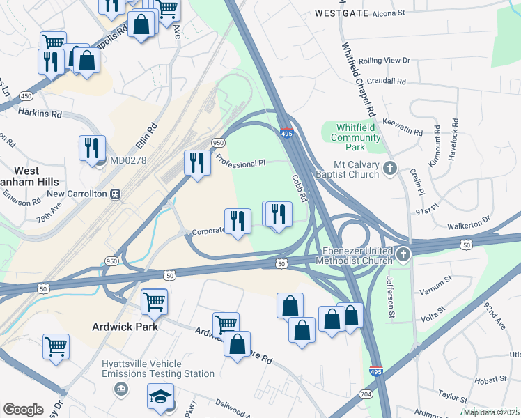 map of restaurants, bars, coffee shops, grocery stores, and more near 8330 Corporate Drive in Hyattsville