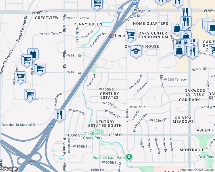 map of restaurants, bars, coffee shops, grocery stores, and more near 9951 Parkhill Street in Lenexa