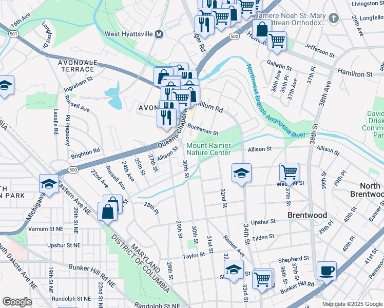 map of restaurants, bars, coffee shops, grocery stores, and more near 4708 31st Place in Mount Rainier