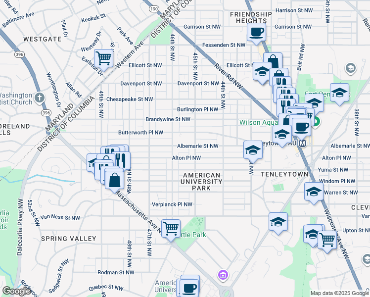 map of restaurants, bars, coffee shops, grocery stores, and more near 4522 Albemarle Street Northwest in Washington