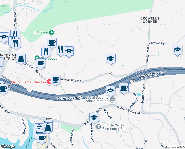 map of restaurants, bars, coffee shops, grocery stores, and more near 10900 Sunset Hills Road in Reston