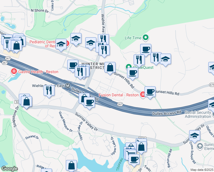 map of restaurants, bars, coffee shops, grocery stores, and more near 11307 Reston Station Boulevard in Reston