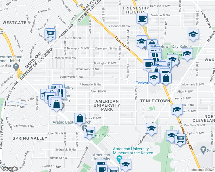 map of restaurants, bars, coffee shops, grocery stores, and more near 4440 Albemarle Street Northwest in Washington