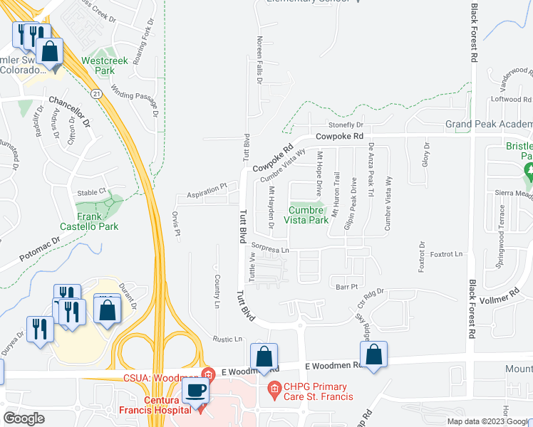 map of restaurants, bars, coffee shops, grocery stores, and more near 7976 Mount Hayden Drive in Colorado Springs