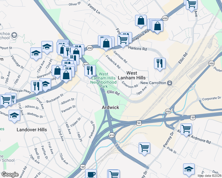 map of restaurants, bars, coffee shops, grocery stores, and more near in Cheverly