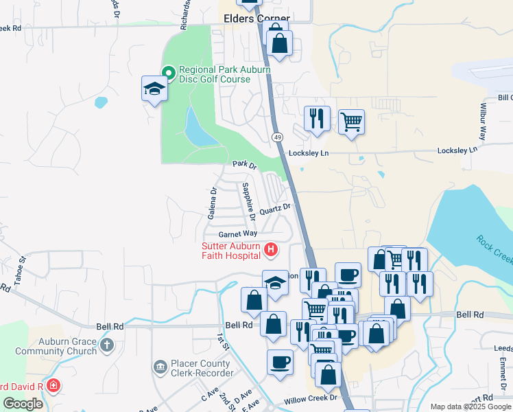 map of restaurants, bars, coffee shops, grocery stores, and more near 3624 Sapphire Drive in Auburn