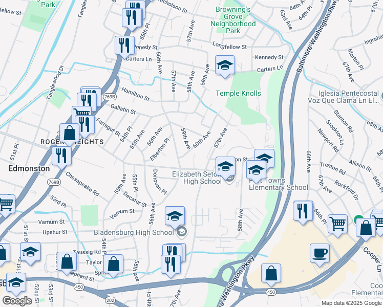 map of restaurants, bars, coffee shops, grocery stores, and more near 5011 60th Avenue in Bladensburg