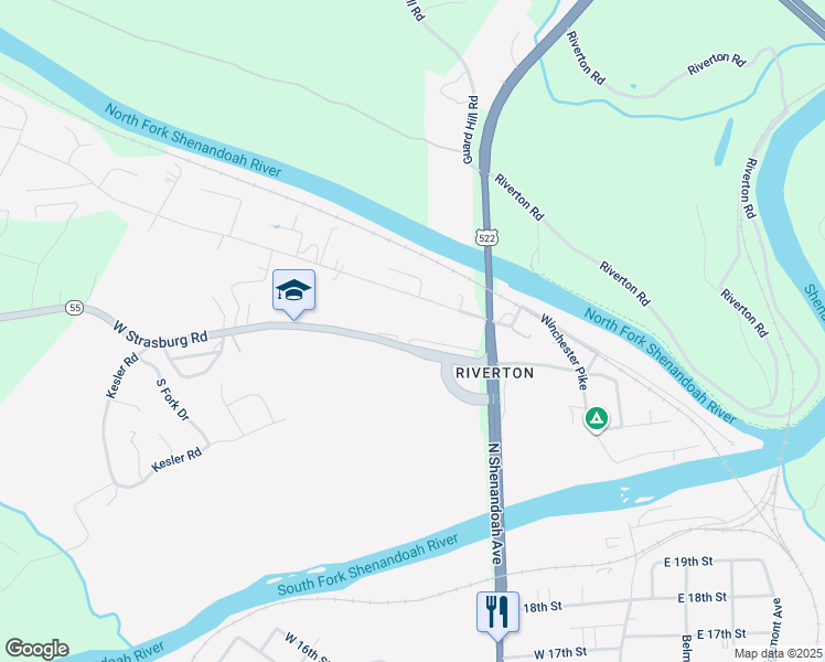 map of restaurants, bars, coffee shops, grocery stores, and more near 80 West Strasburg Road in Front Royal