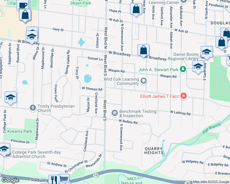 map of restaurants, bars, coffee shops, grocery stores, and more near 906 West Stewart Road in Columbia