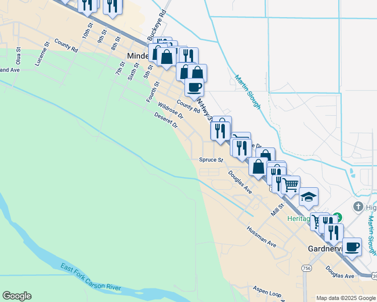 map of restaurants, bars, coffee shops, grocery stores, and more near 1508 Deseret Drive in Minden