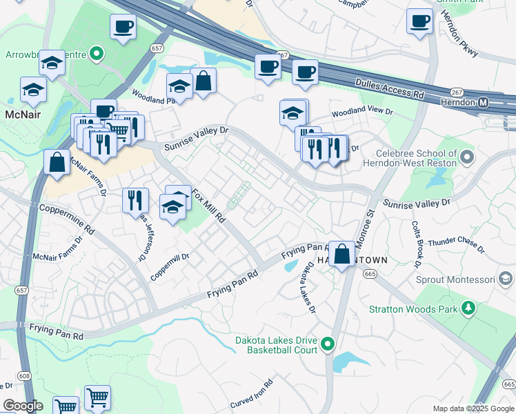 map of restaurants, bars, coffee shops, grocery stores, and more near 2464 Cypress Green Lane in Herndon
