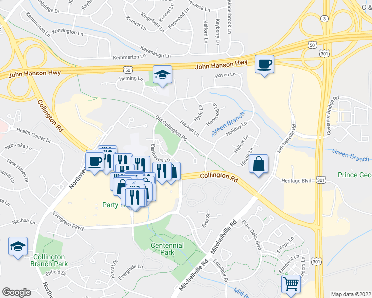 map of restaurants, bars, coffee shops, grocery stores, and more near 15714 Erwin Court in Bowie