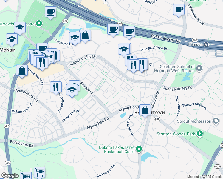 map of restaurants, bars, coffee shops, grocery stores, and more near 2386 Green Grass Court in Herndon