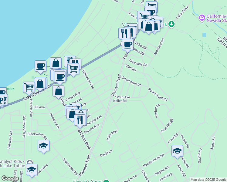 map of restaurants, bars, coffee shops, grocery stores, and more near 3773 Pioneer Trail in South Lake Tahoe
