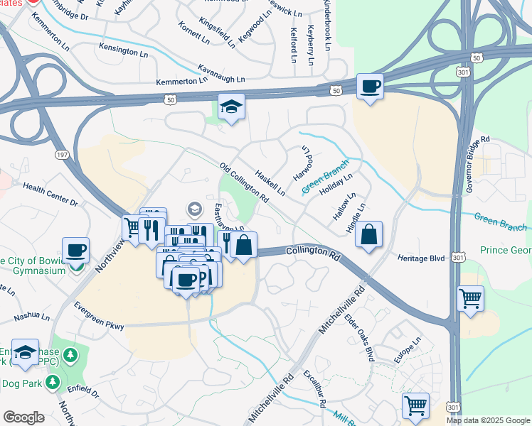 map of restaurants, bars, coffee shops, grocery stores, and more near 15714 Erwin Court in Bowie