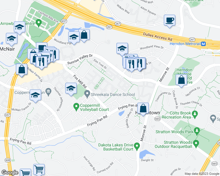 map of restaurants, bars, coffee shops, grocery stores, and more near 2386 Green Grass Court in Herndon