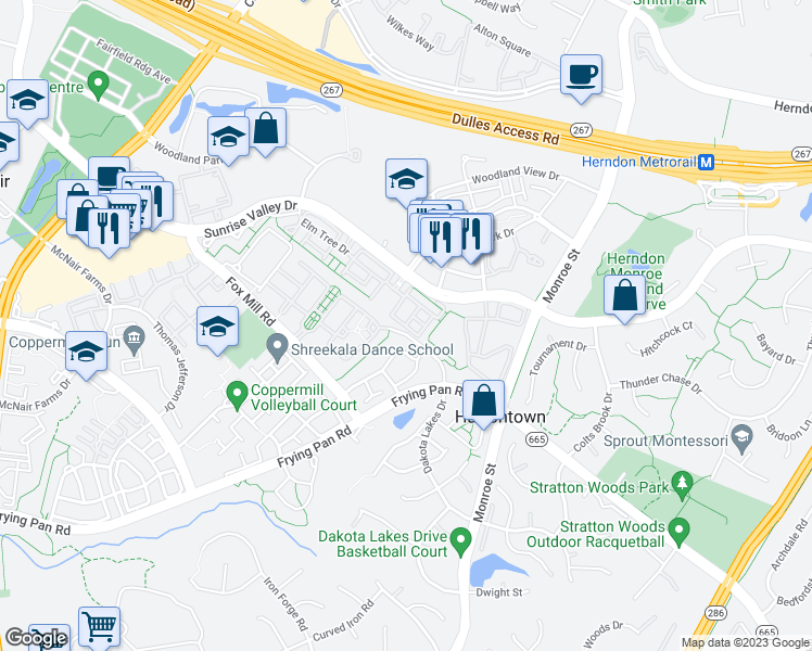 map of restaurants, bars, coffee shops, grocery stores, and more near Birch Run Circle in Herndon