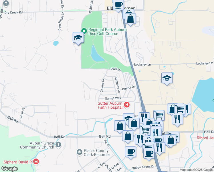 map of restaurants, bars, coffee shops, grocery stores, and more near 3635 Galena Drive in Auburn